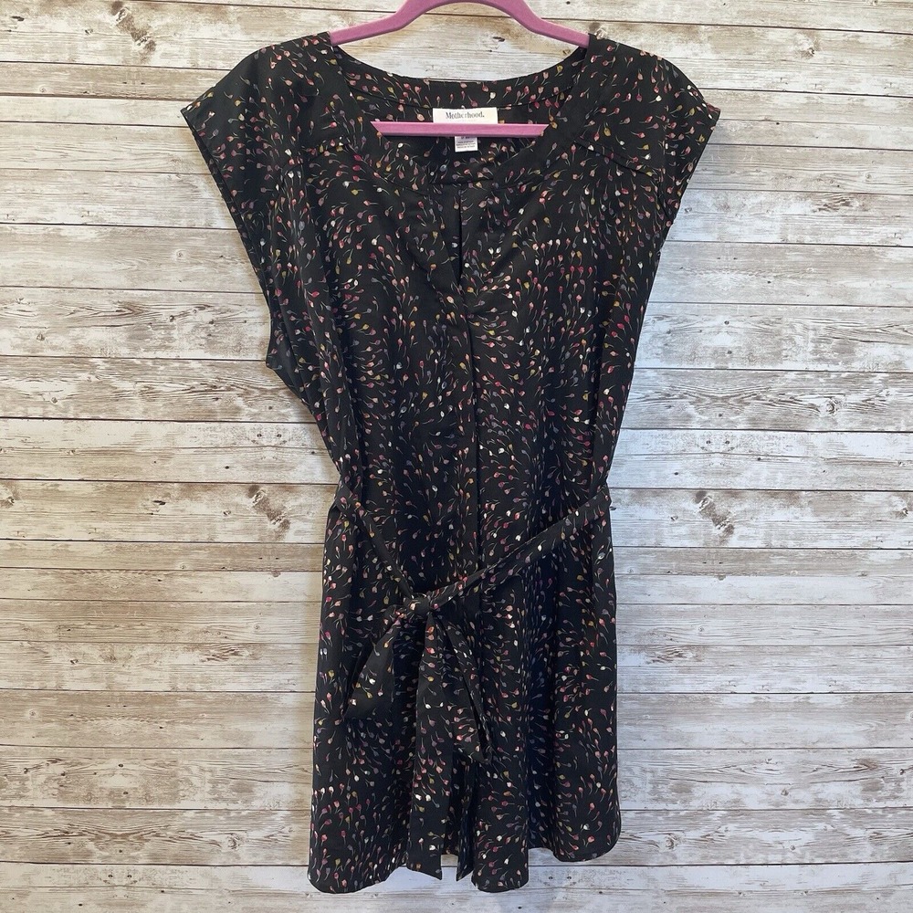 Motherhood Womens XL Blouse Black w/ Multi-Colored Flowers AOP Sleeveless Belted